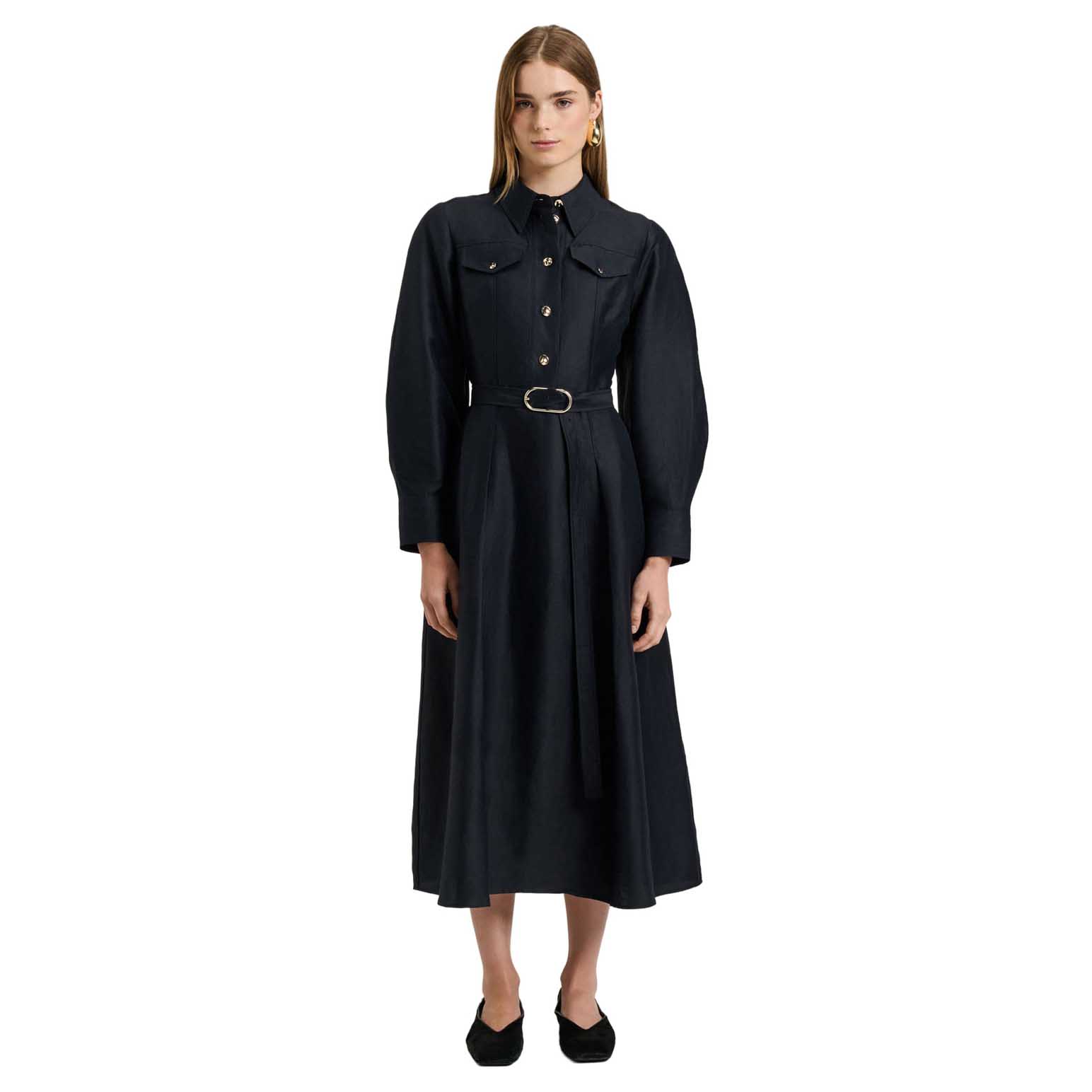 Veronika Maine Linen Viscose Blend Belted Midi Dress